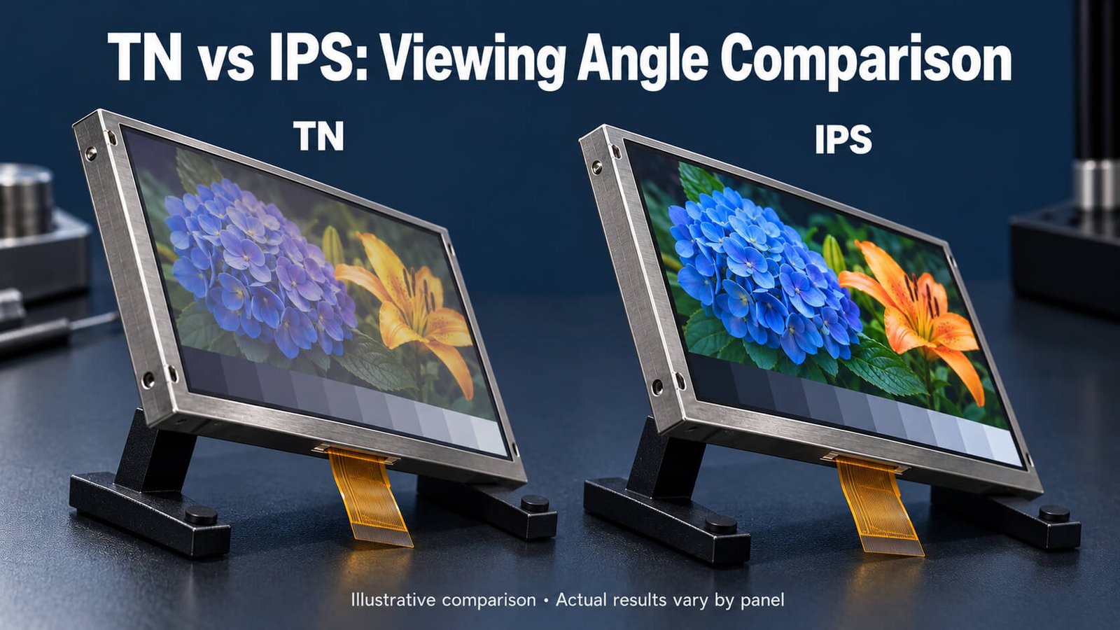 TN and IPS TFT LCD modules displaying the same image at an oblique angle, illustrating differences in color and grayscale stability.
