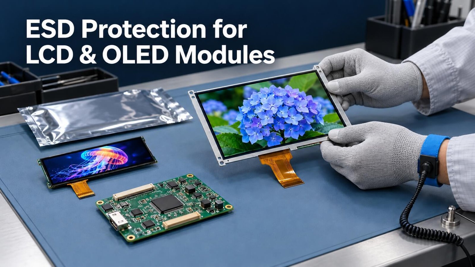 ESD protection workstation with LCD and OLED display modules, controller board and grounded wrist strap