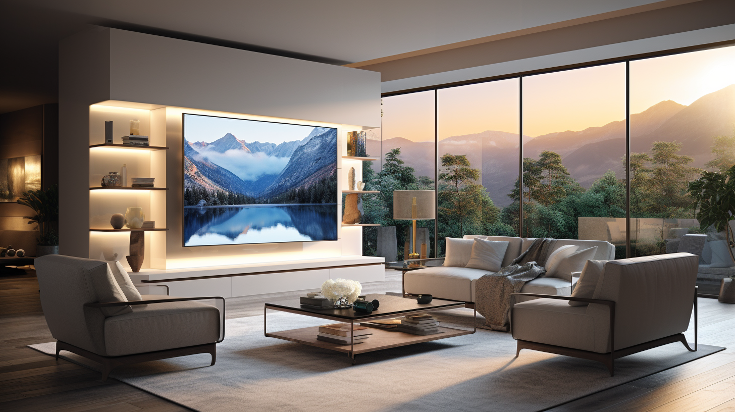 a state of the art lcd display adorns the wall, showcasing breathtaking nature scenes with lifelike clarity