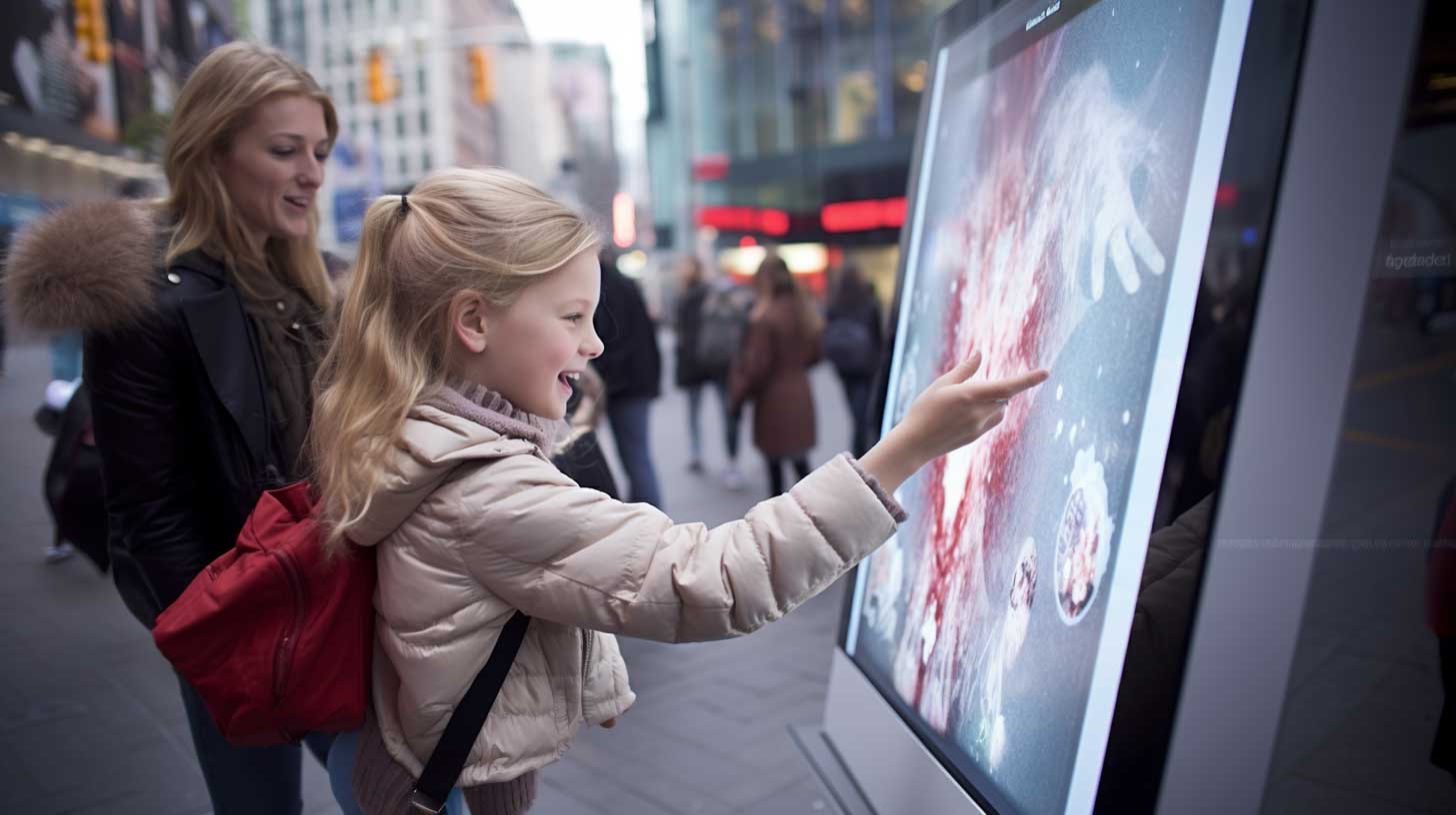 displayman's interactive touchscreen display stands tall in a bustling city square