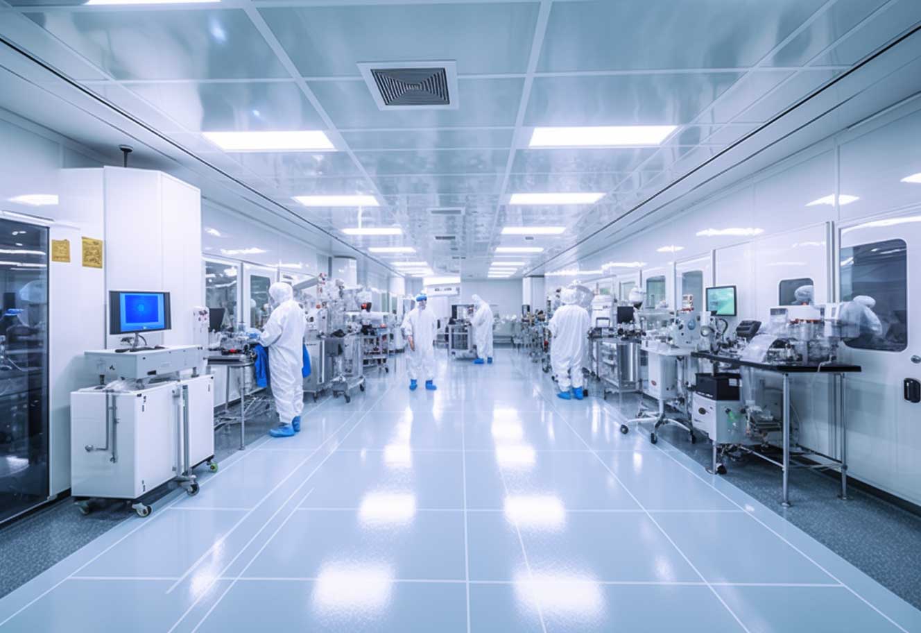 lcd factory's cleanroom laboratory with rows of machines and equipment used for the production of semiconductor materials