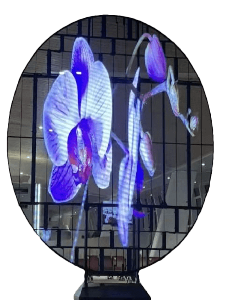 Custom circular transparent LED display for architectural presentation