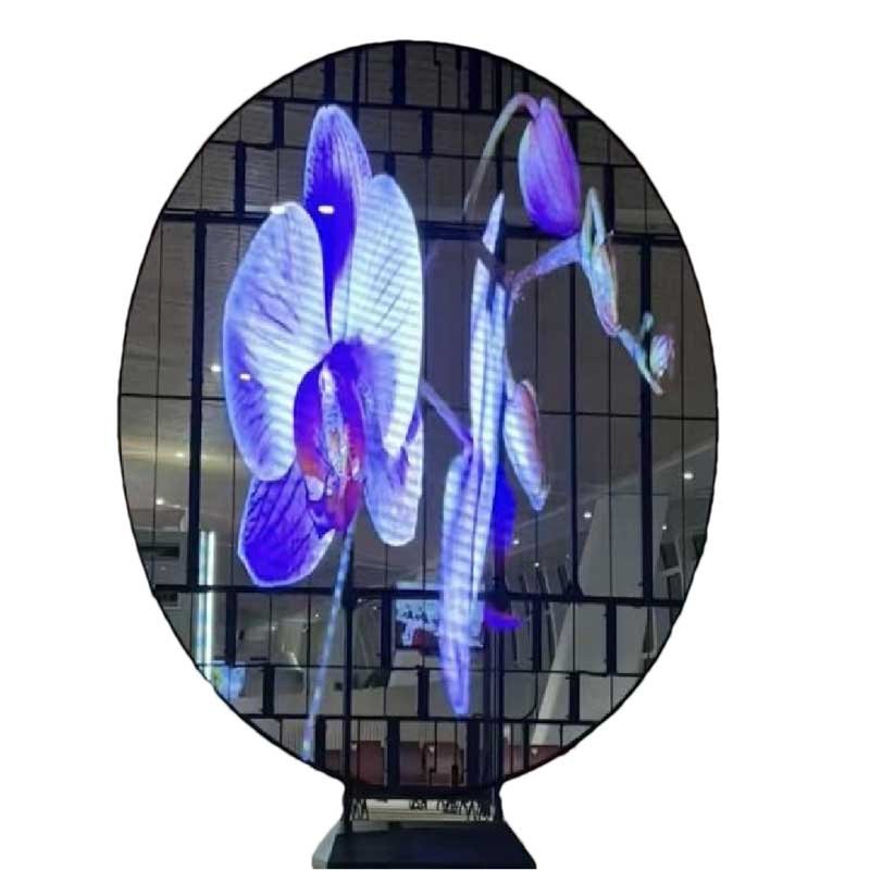 custom circular transparent led display – futuristic architectural showcase front view