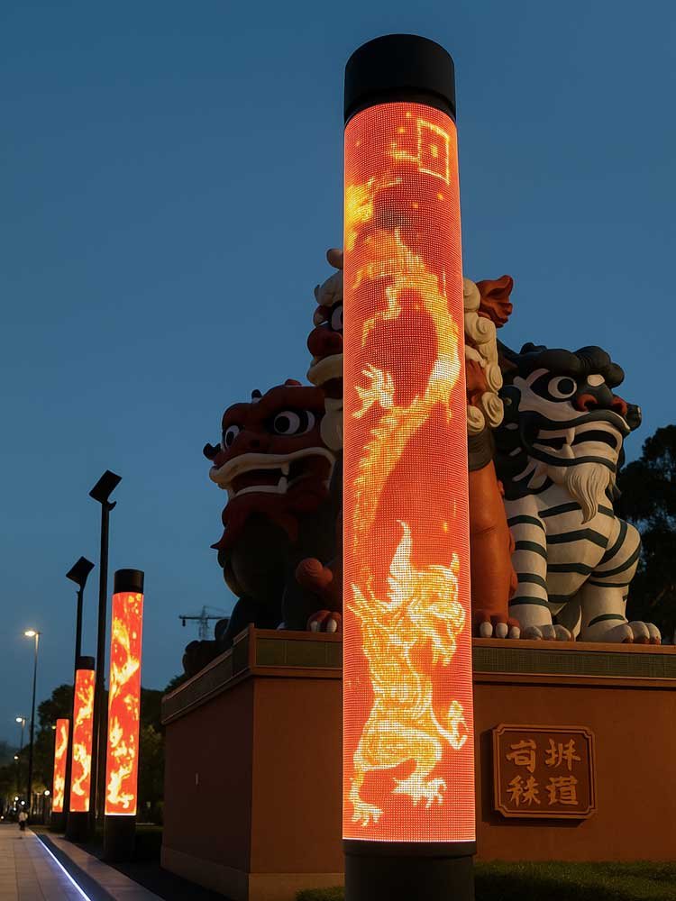 Custom cylindrical transparent LED displays showing red and gold dragon imagery