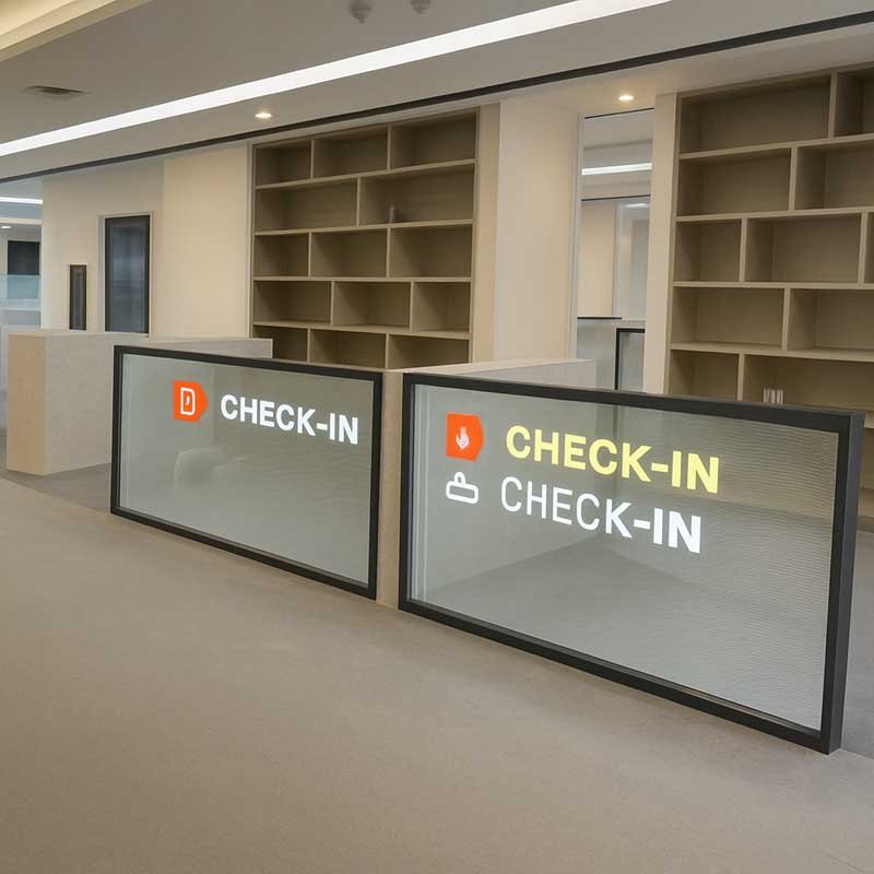 modern check in with transparent led glass screens
