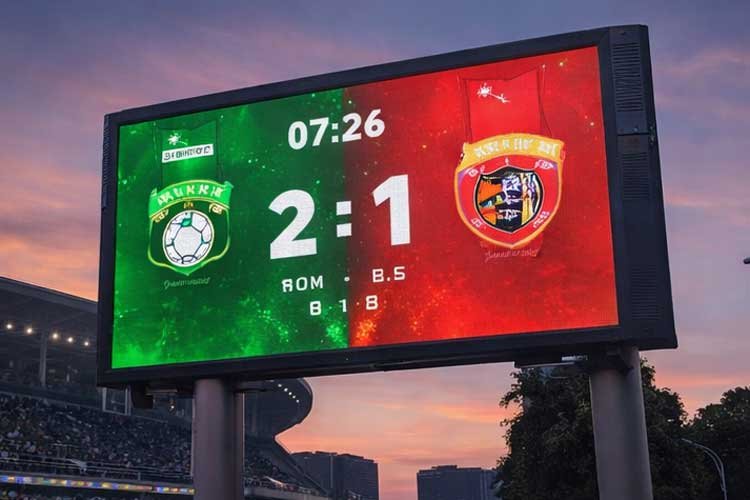 Outdoor sports LED screen showing live game content