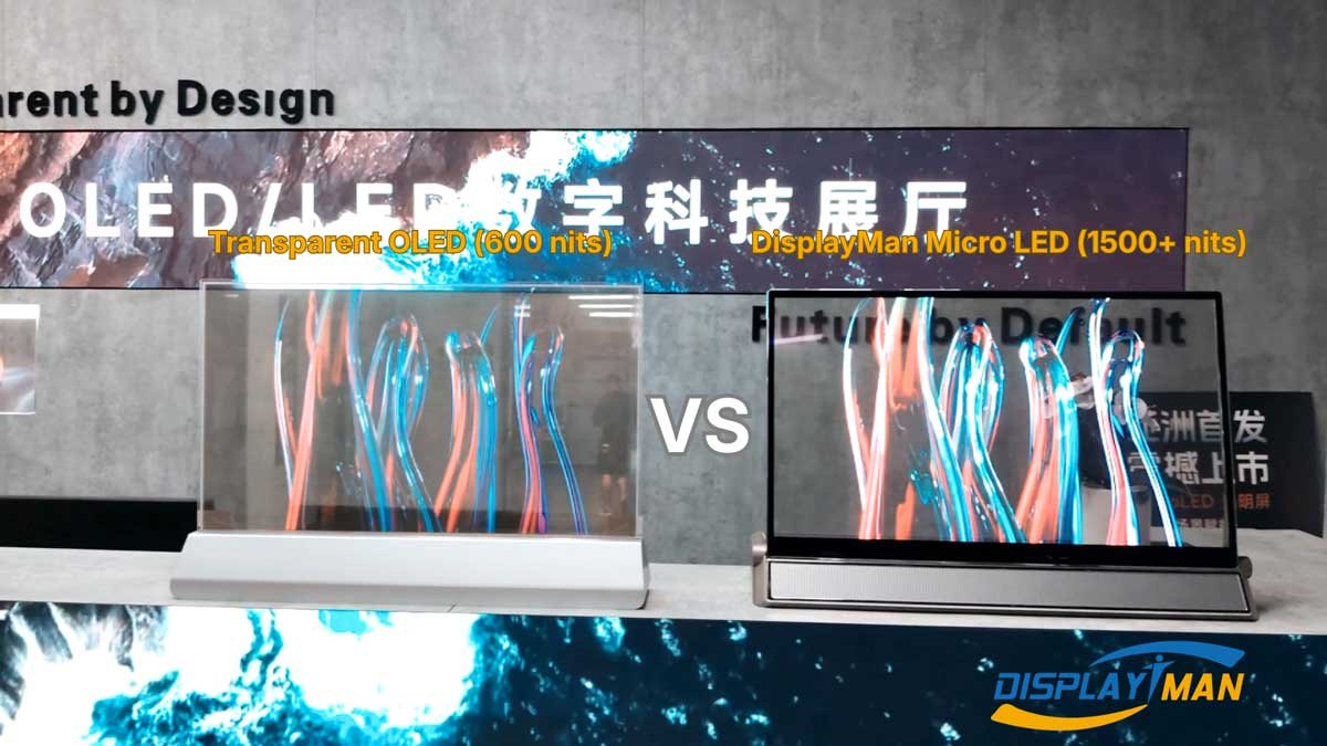 Side-by-side comparison of 30-inch Micro LED vs Transparent OLED showing 3000 nits brightness and 70 percent transparency.