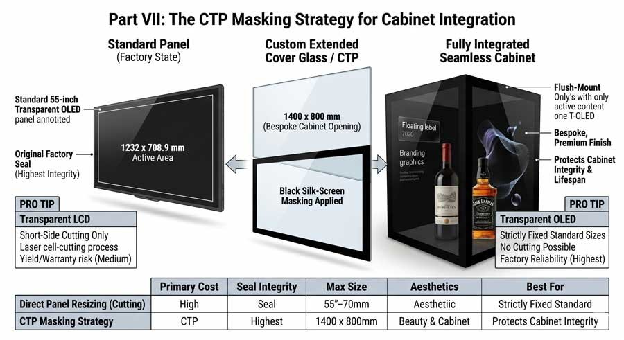 Technical workflow showing how to use custom CTP glass and black silk-screen masking to integrate standard transparent OLED panels into non-standard cabinet openings.