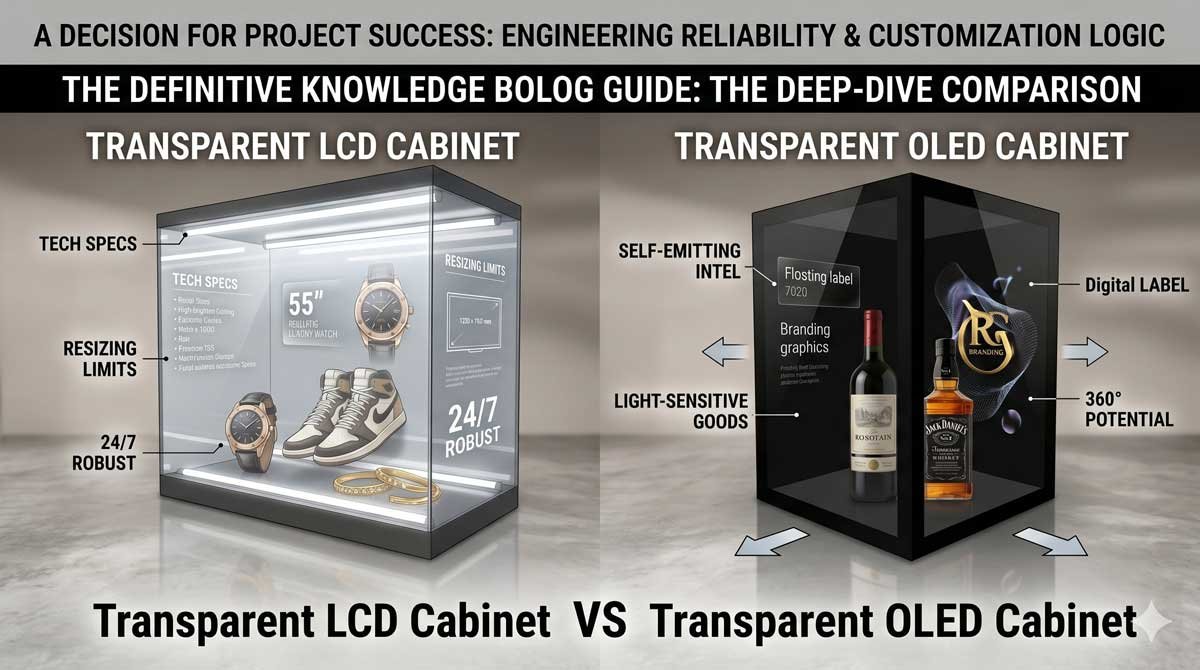 Feature image of DisplayMan knowledge blog: Transparent LCD cabinet versus Transparent OLED cabinet showcase.