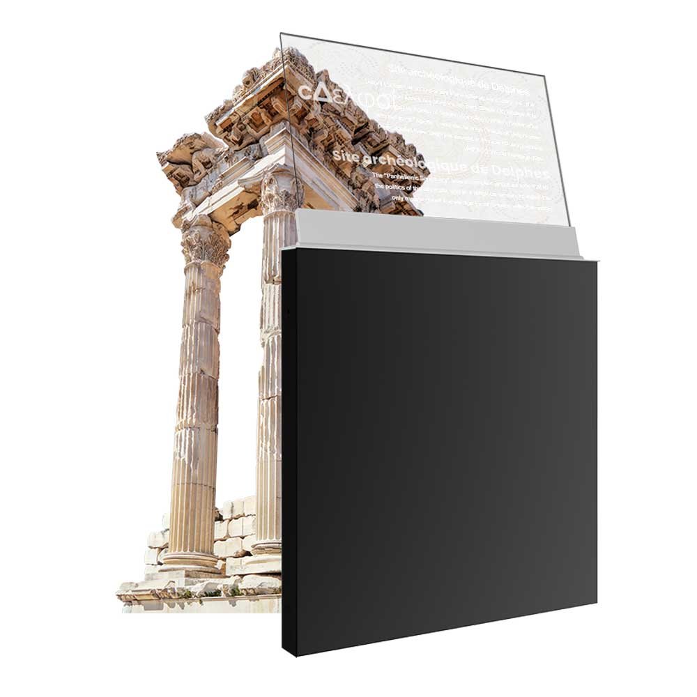 30-inch motorized lift-up transparent OLED display angled working view