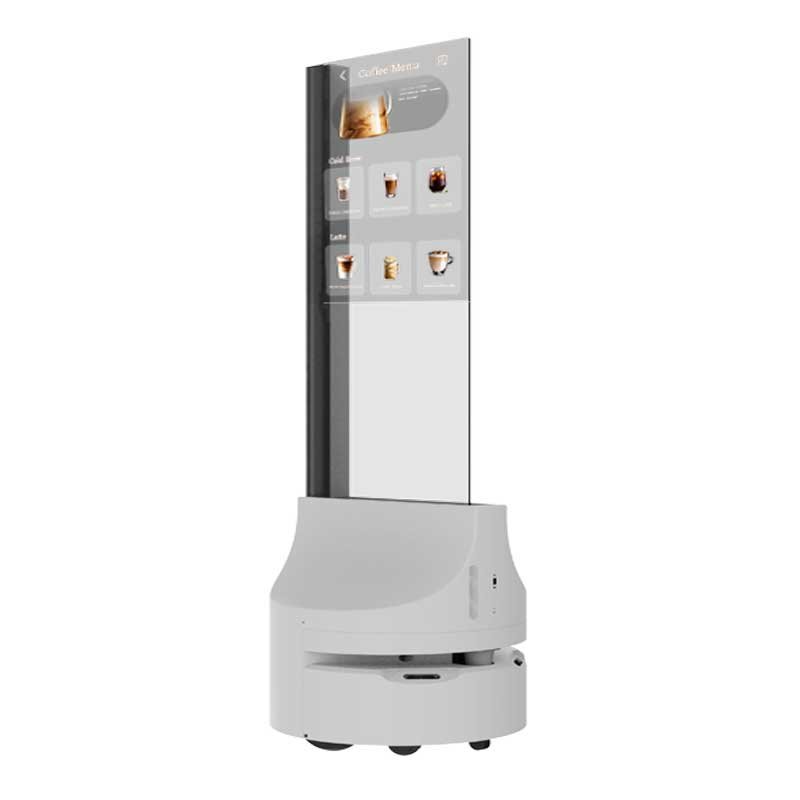 30-inch portrait mobile round base transparent OLED angled view
