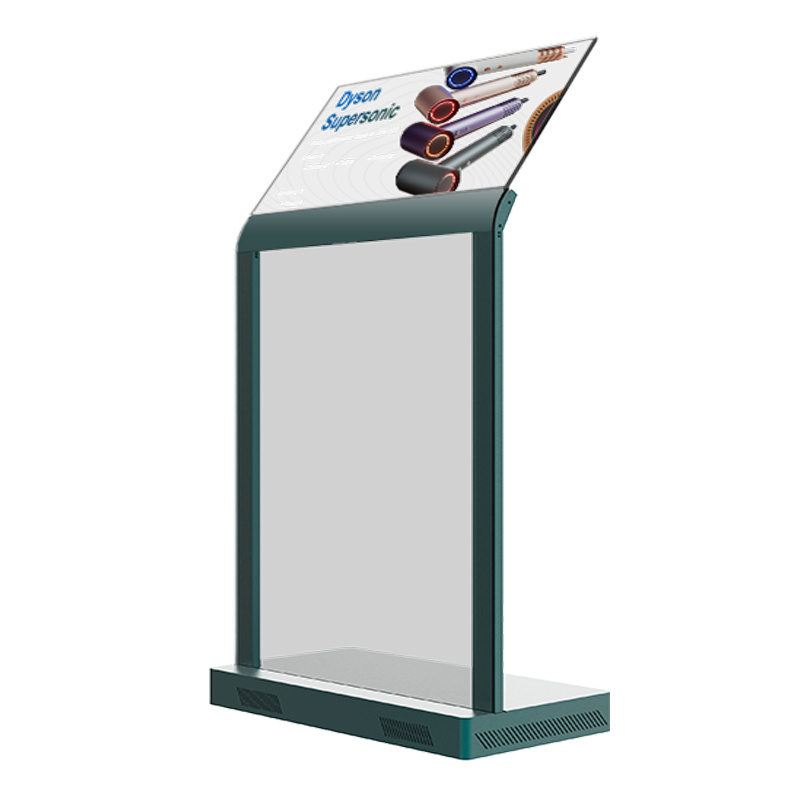 30-inch portrait transparent OLED kiosk angled view