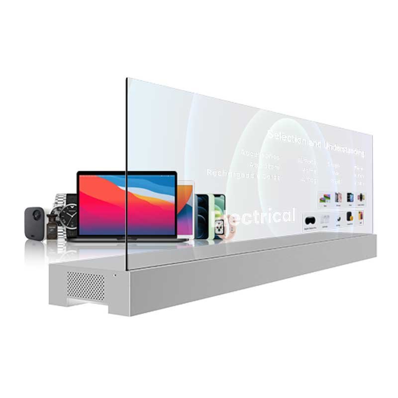 48-inch platform base desktop transparent OLED display angled working view