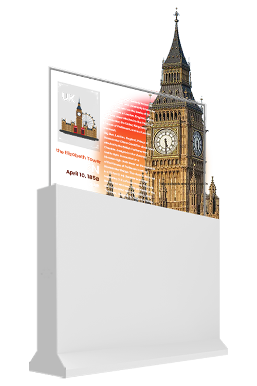 55-inch landscape motorized lift-up transparent OLED display angled working view