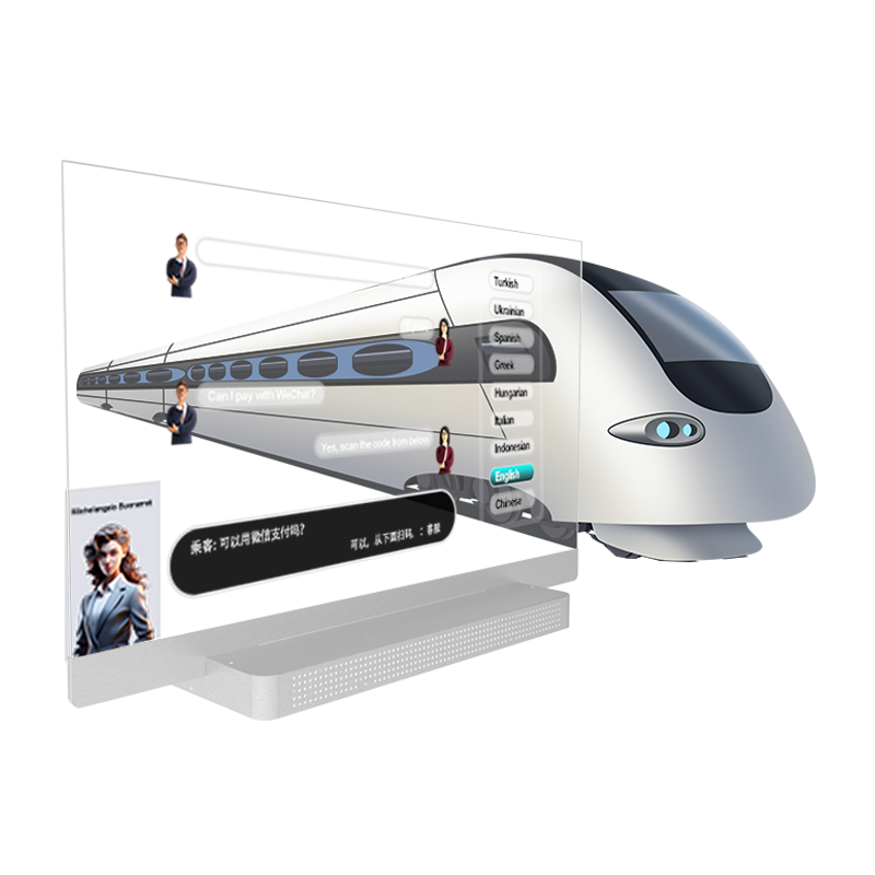 55-inch product platform base desktop transparent OLED display angled working view