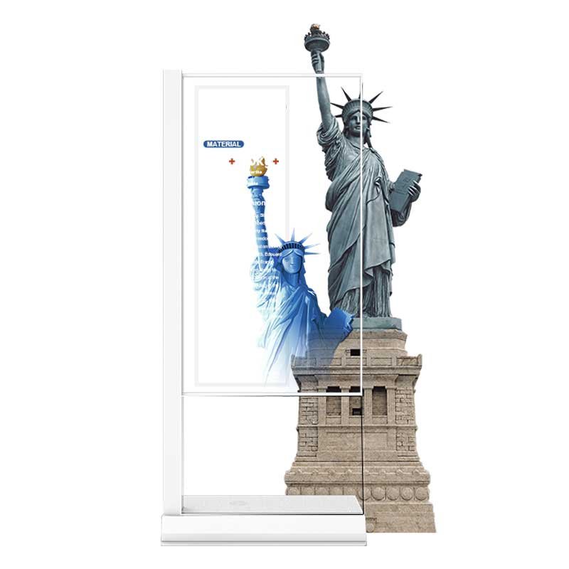 55-inch portrait pedestal transparent OLED front view with background object