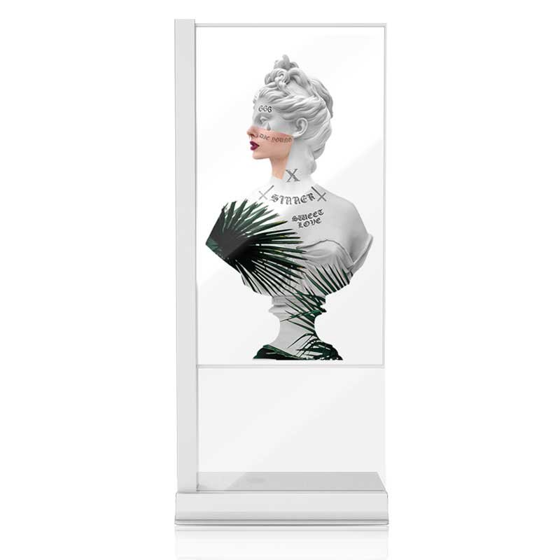 55-inch portrait pedestal transparent OLED front working view without background object