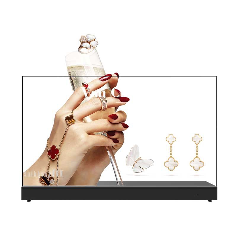 77-inch product platform base desktop transparent OLED display front working view