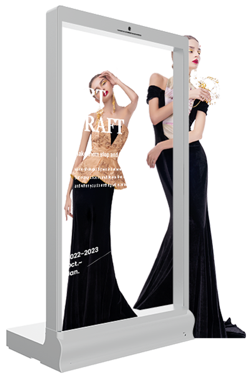 77-inch portrait L-base floor-standing transparent OLED display angled working view