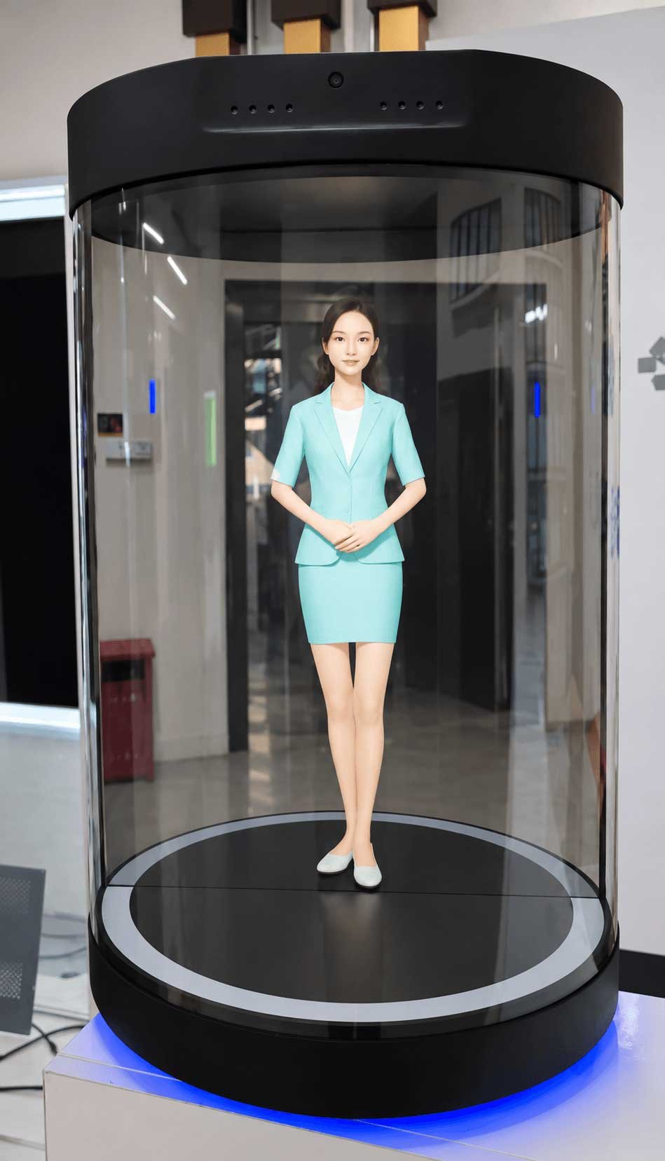 Illustrative 21.5-inch holographic cylinder display with a digital receptionist