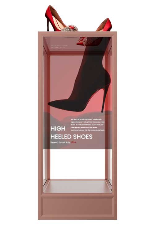30-Inch Single-Sided Transparent OLED Display Cabinet — Front view with shoe display