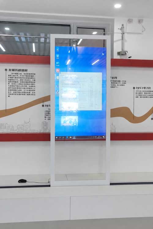 55-inch fully framed transparent OLED sliding-rail display with a bottom rail