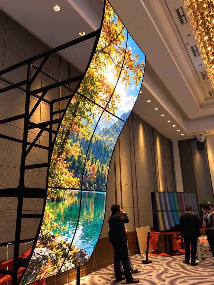 Six 77-inch flexible OLED displays forming a 2 by 3 S-shaped video wall