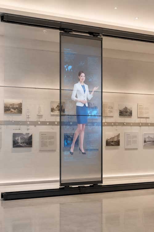 two 55-inch portrait transparent OLED panels stacked vertically on upper and lower sliding rails