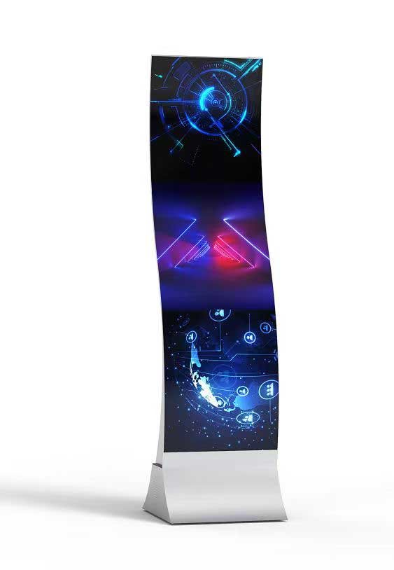 Floor-standing S-shaped flexible OLED display made with two vertical 55-inch panels