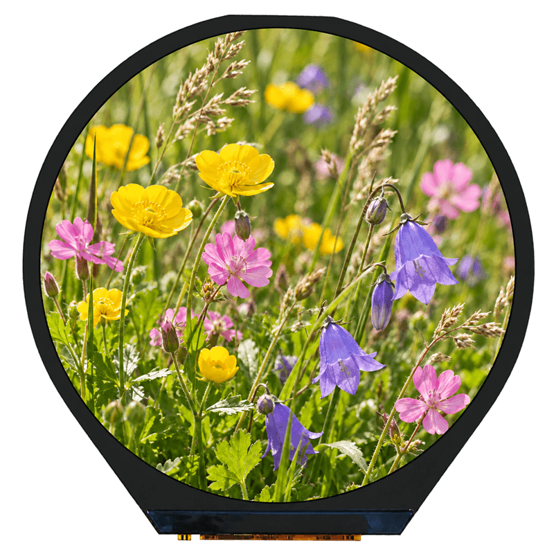 Round TFT LCD display with floral screen image, transparent background