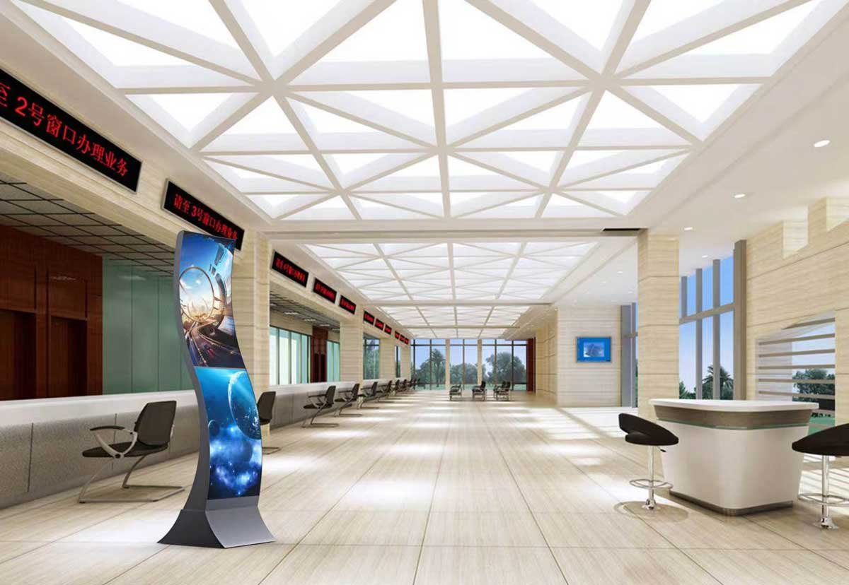 Two-panel 55-inch S-shaped flexible OLED display in a public service hall
