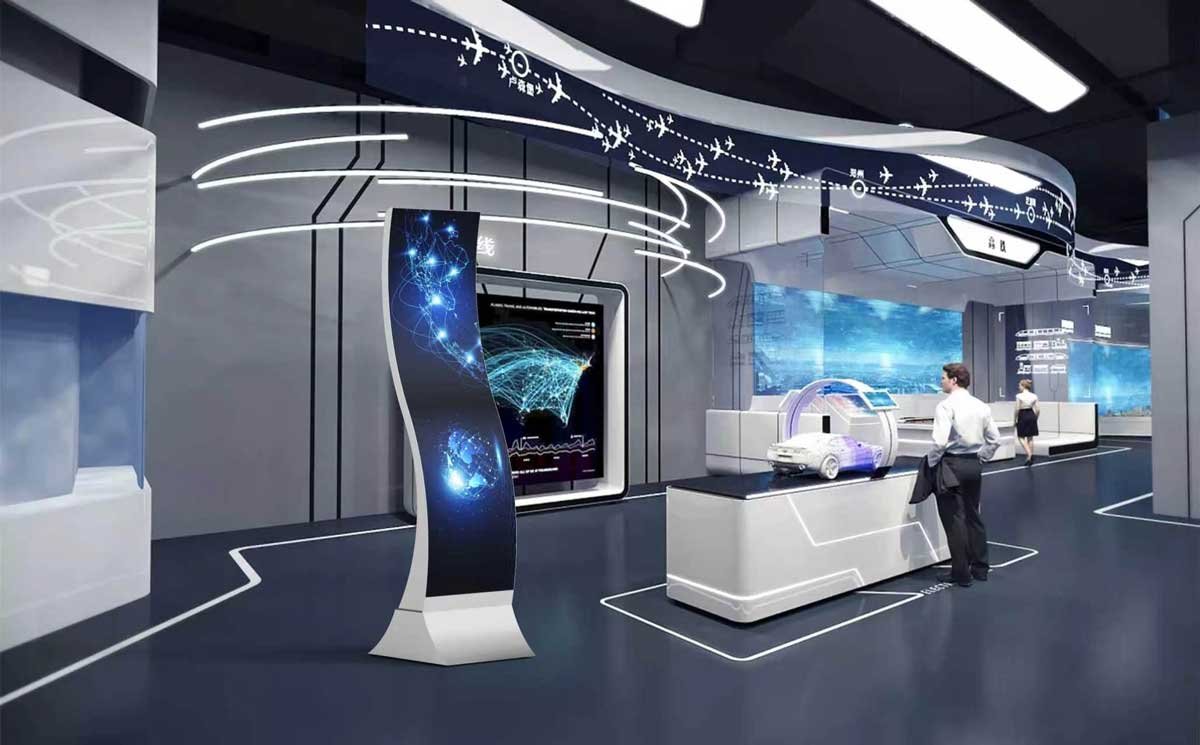 Two-panel 55-inch S-shaped flexible OLED display in a technology exhibition hall