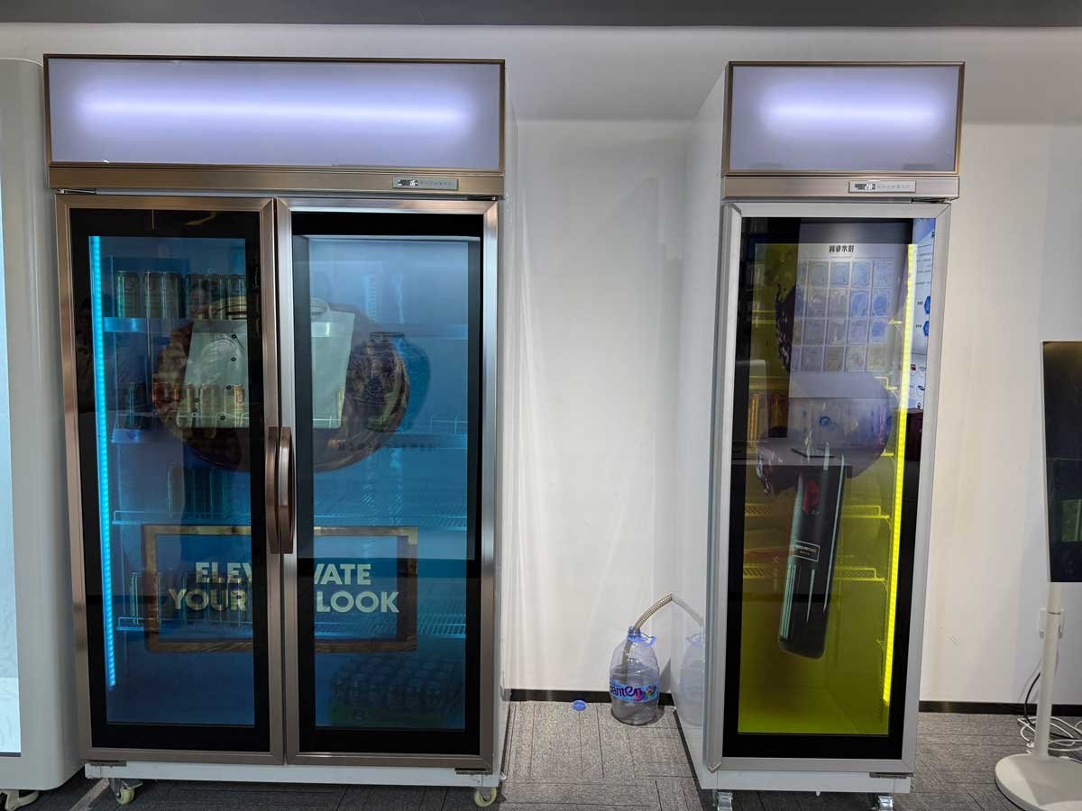 single-door and double-door transparent LCD refrigerator displays shown side by side