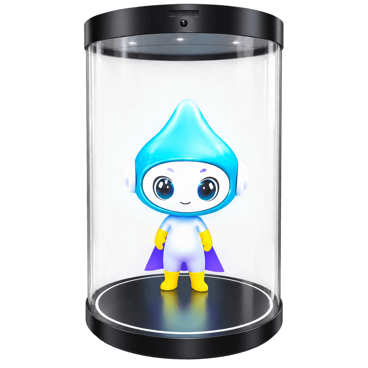 Holographic cylinder display showcasing a colorful animated mascot