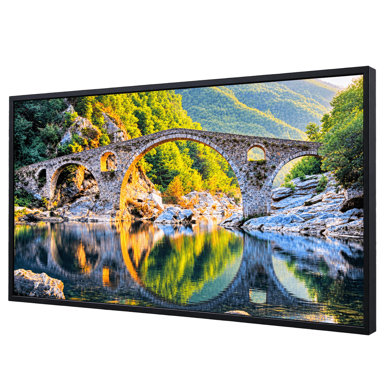 Mini-LED backlit LCD display showing a stone bridge and its reflection in a river