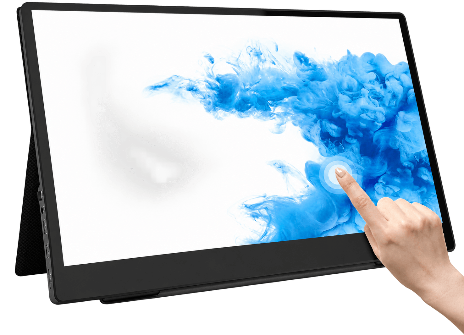 Portable touch LCD monitor with folding stand and touch operation