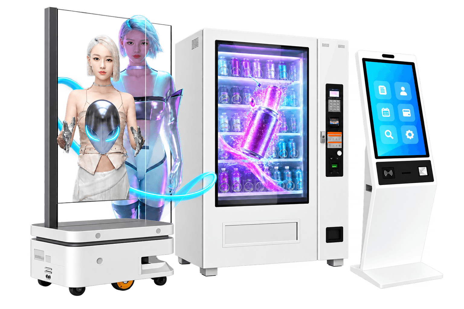 Transparent OLED digital human, transparent LCD vending machine and floor-standing touchscreen kiosk