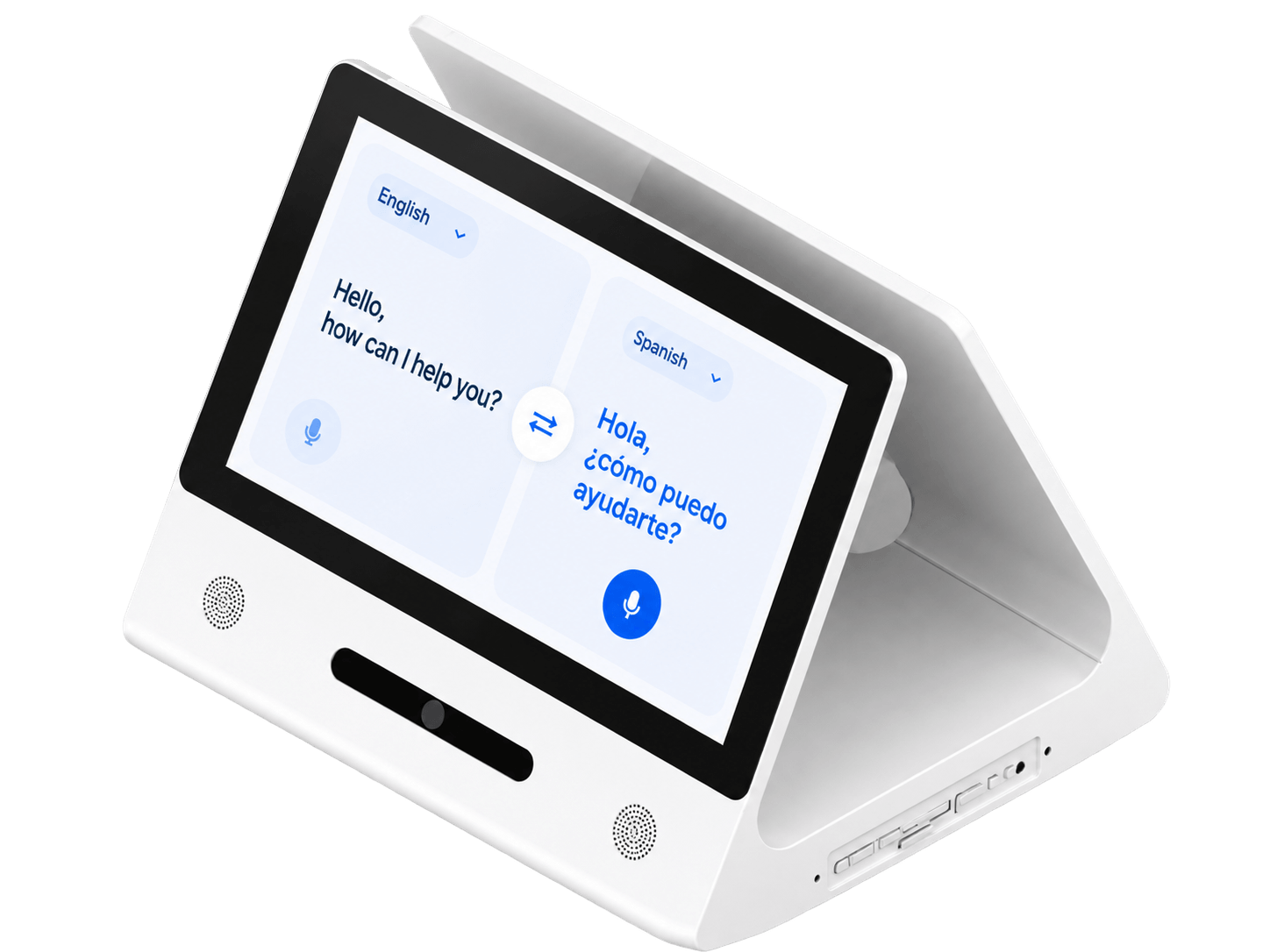 White dual-sided AI translation terminal in three-quarter view