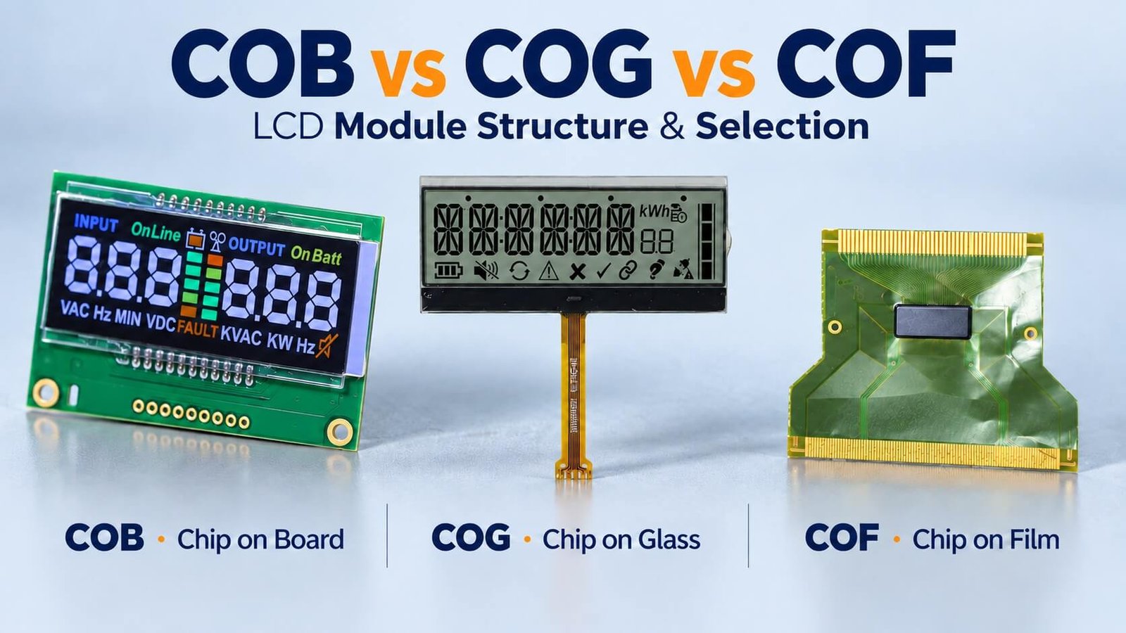 Conceptual comparison of COB, COG and COF LCD modules, showing driver chips mounted on a circuit board, LCD glass and flexible film.