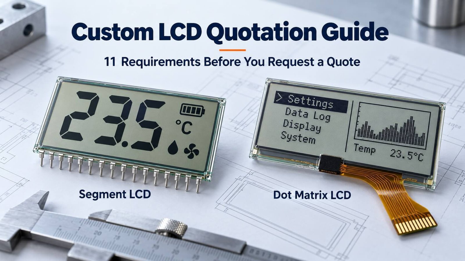 Illustration of a custom segment LCD and dot matrix COG LCD with FPC, displayed over engineering drawings for an LCD quotation guide.