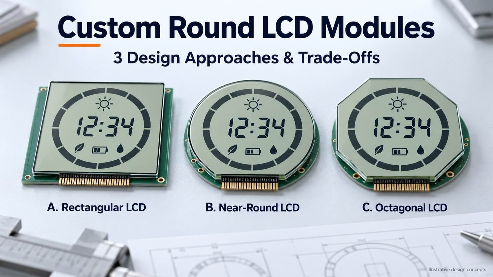 Illustrative rectangular, near-round and octagonal monochrome LCD module designs for a round display window.