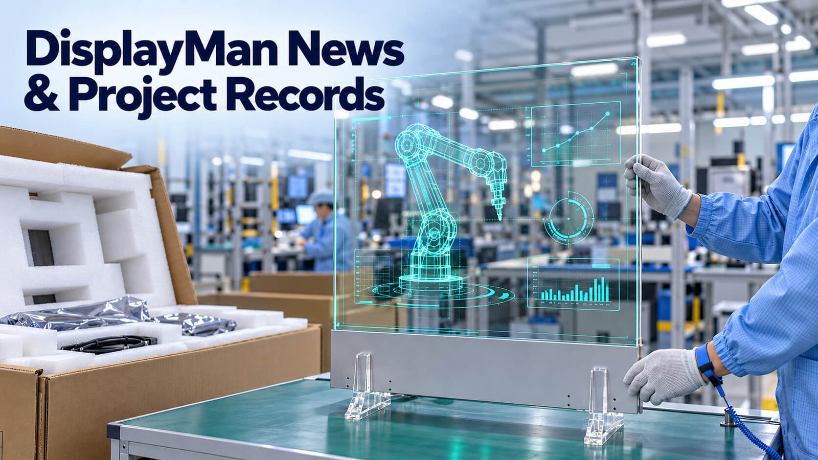 DisplayMan News and Project Records — transparent display inspection and protective packaging illustration