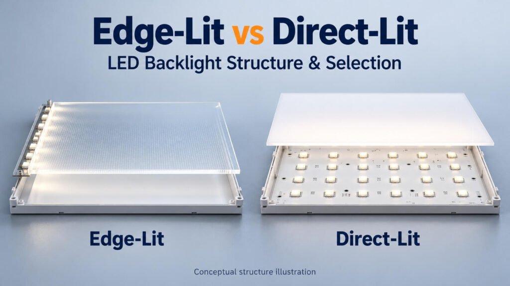 Conceptual comparison of an edge-lit LED backlight with a light guide plate and a direct-lit backlight with a rear LED array and diffuser.