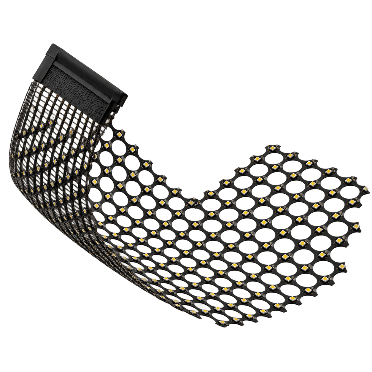 Holographic transparent LED module with open lattice, LED pixels and a flexible curved structure