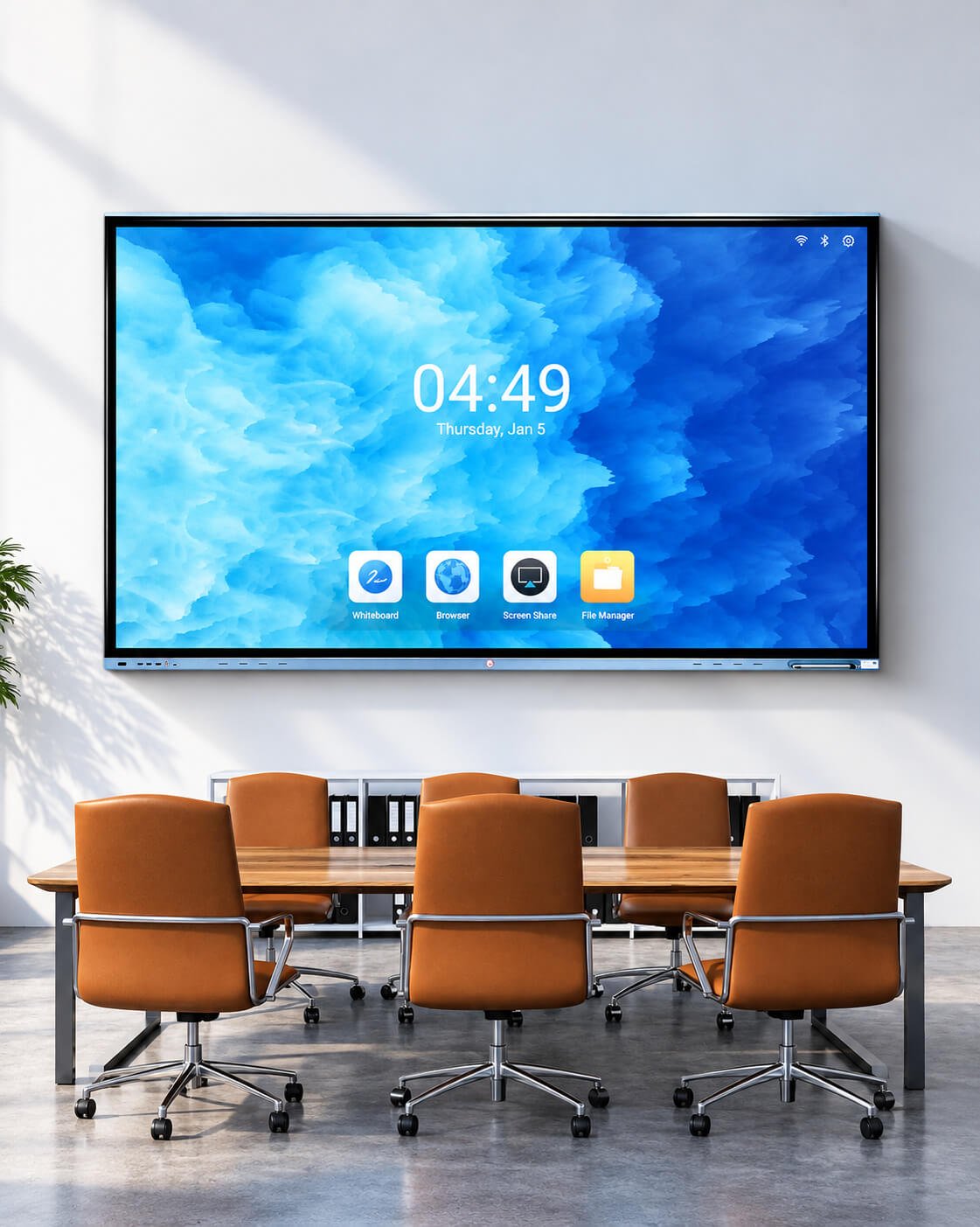 Wall-mounted LCD interactive flat panel in a meeting room showing whiteboard and screen-sharing application icons