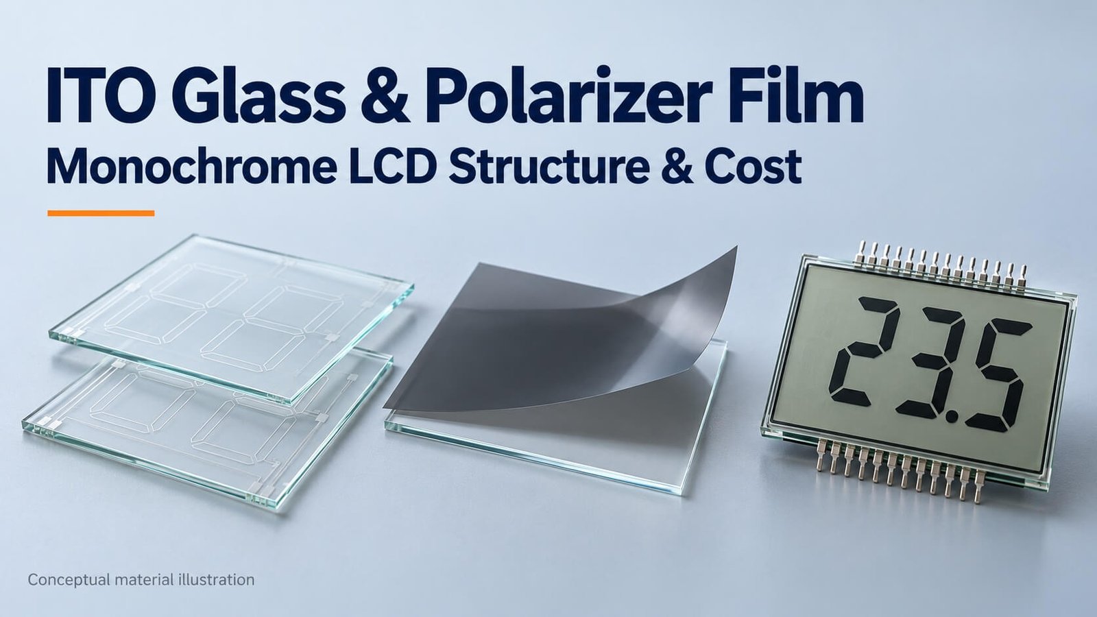 Conceptual illustration of patterned ITO glass, polarizer film and a monochrome segment LCD displaying 23.5.