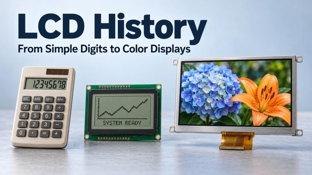 Calculator, monochrome graphic LCD and color TFT module illustrating the evolution of LCD displays.