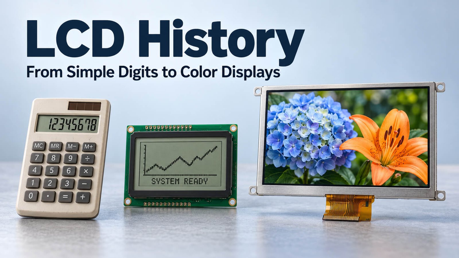 Calculator, monochrome graphic LCD and color TFT module illustrating the evolution of LCD displays.