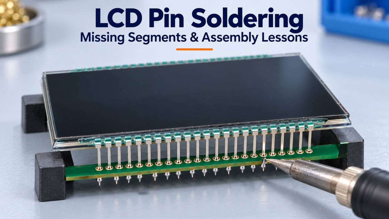 Illustration of metal LCD pins connected to a PCB, with a soldering iron positioned near a solder joint.