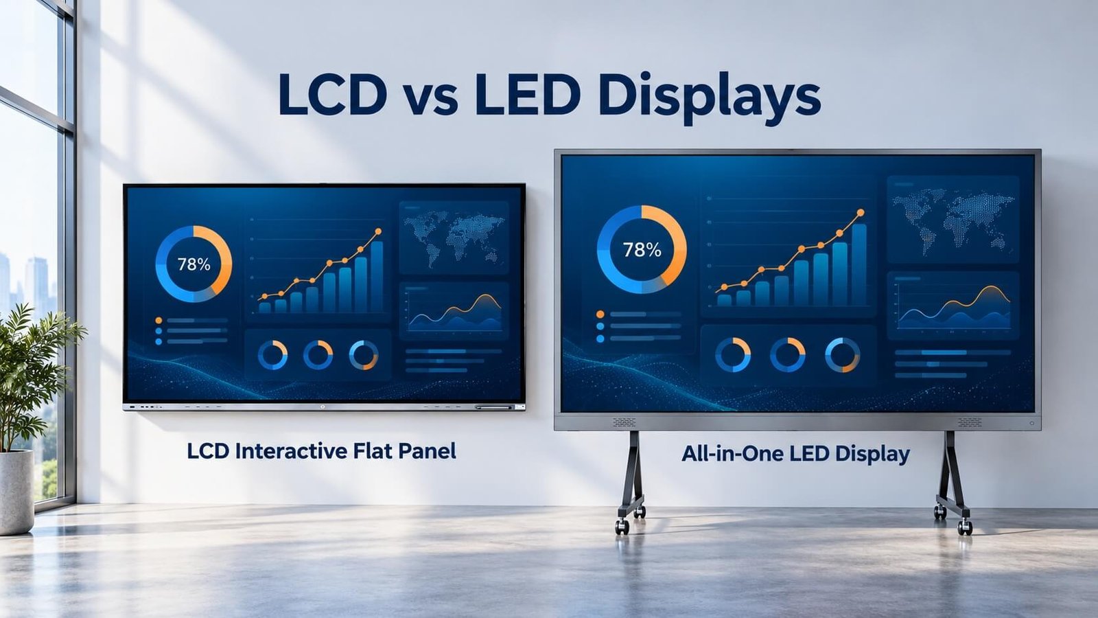 LCD interactive flat panel and all-in-one LED display showing the same presentation dashboard in a meeting room.